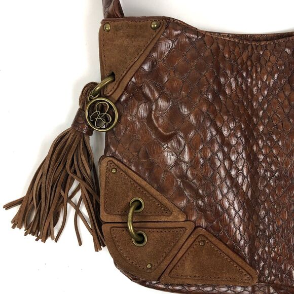 JESSICA SIMPSON Brown Faux Leather Reptile Tassle Shoulder Bag Purse - Picture 2 of 12